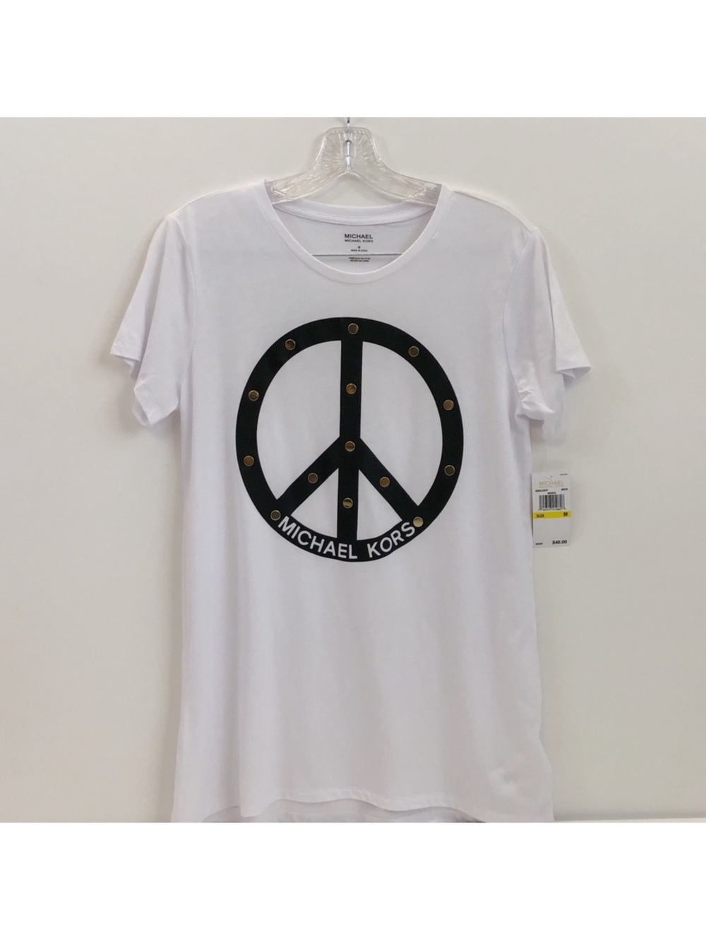 Michael Kors White Tee with Black Peace Sign and Gold Studs - Size M